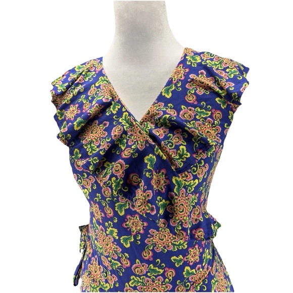 Boden Saskia Wrap Dress 14 Blue Medallion Floral Midi Ruffle Boho Cottagecore - Picture 5 of 16
